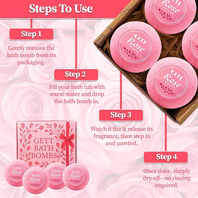 GETT Rose Bath Bombs 4 Pack Individually Wrapped – Bath Bombs - Image 3