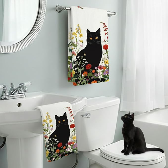 Accnicc 2 Pack Black Cat Bathroom Hand Towels Decorative Spring Floral Dish - Image 3
