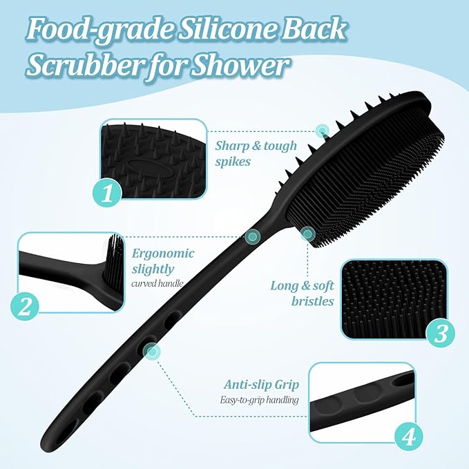 Silicone Back & Face Scrubber & Bath Glove Set 3PCS, 13.4'' Gentle Back Scrubber - Image 3
