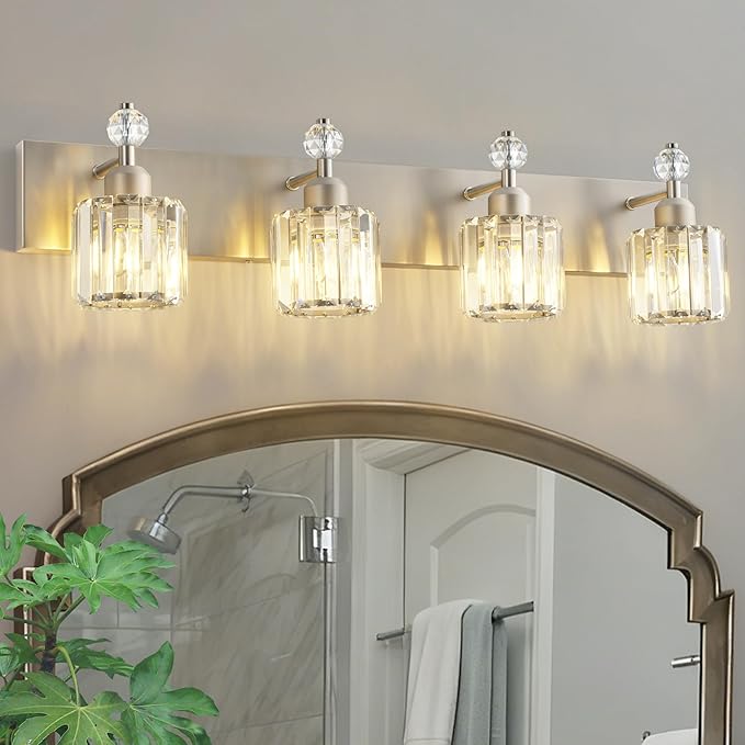 PRESDE 4-Light Brushed Nickel Vanity Light, Crystal Modern Bathroom Light Over by HOME