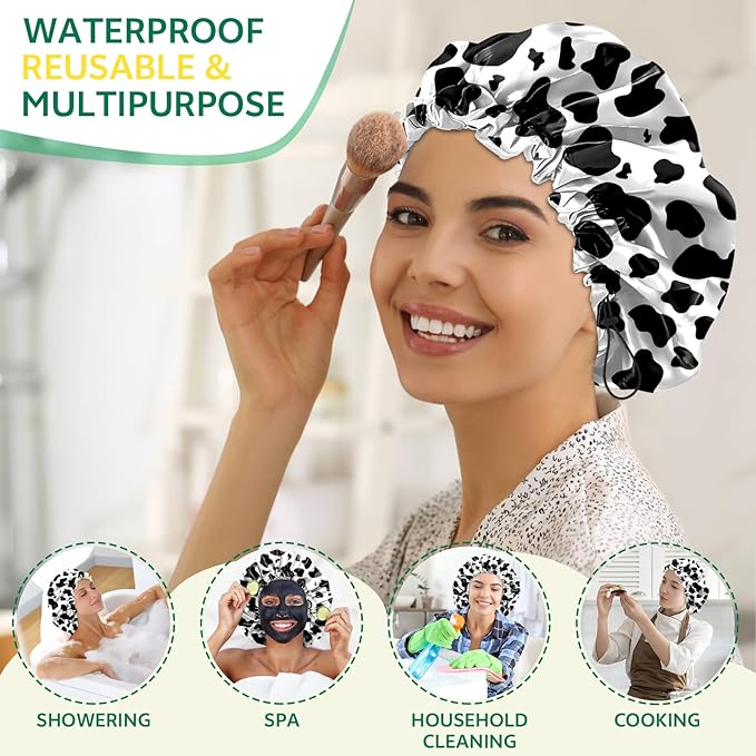 2 PCS Shower Cap Waterproof Double Layer Elastic Adjustable Reusable Hair Bath - Image 6