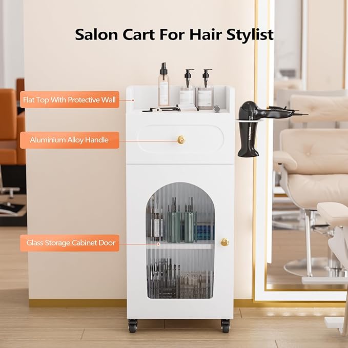 OmySalon Salon Cart with Wheels, 3-Tier Rolling Beauty Cart with Glass Door & - Image 2