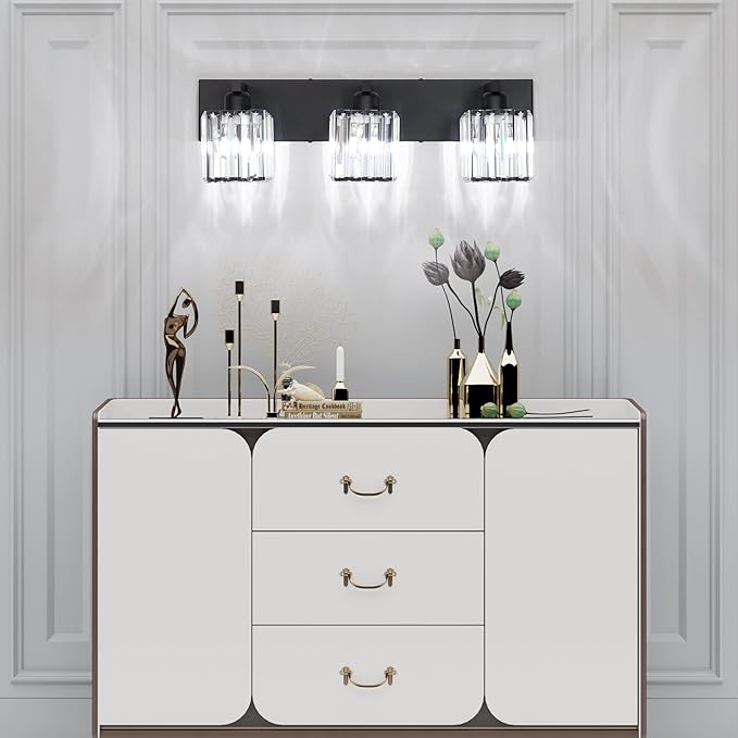 Aipsun Black Vanity Light Bathroom Lighting Fixtures 3 Light Crystal Modern - Image 4