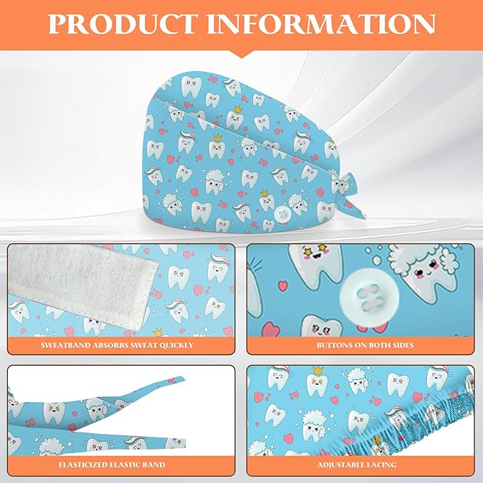 Adjustable Scrub Cap with Buttons & Sweatband, Working Hat with Elastic Tie Back - Image 2