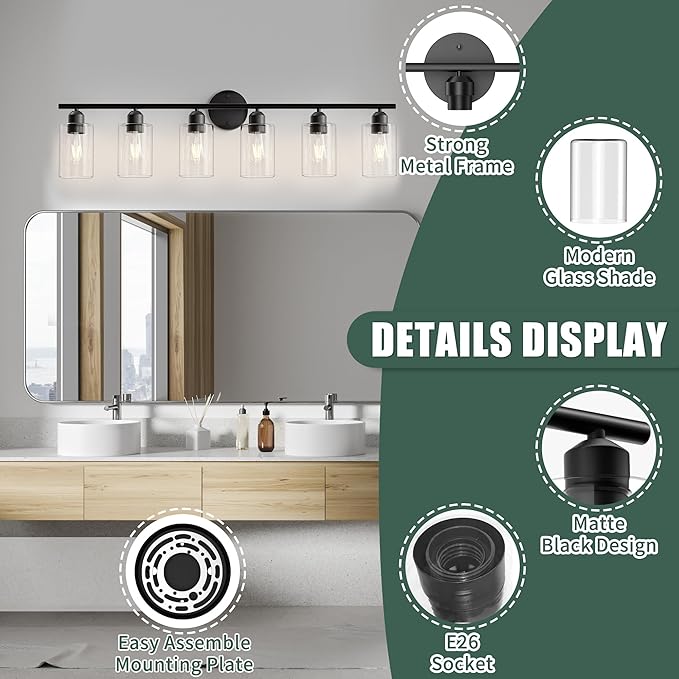 Espird 6 Lights Bathroom Vanity Light Fixtures Matte Black, Rustic Farmhouse - Image 3