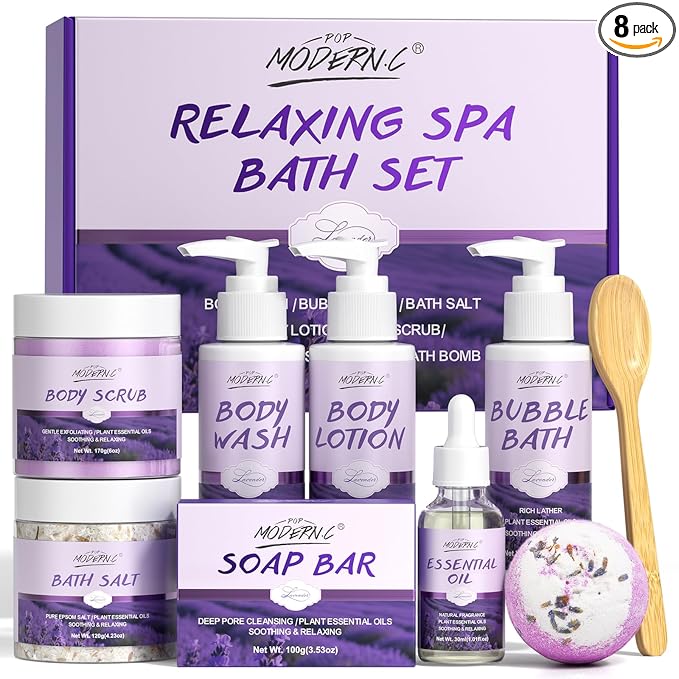 Relaxing Bath Gift Set for Women 8pcs Lavender Spa Gift Set Gift Baskets for by POPMODERNC