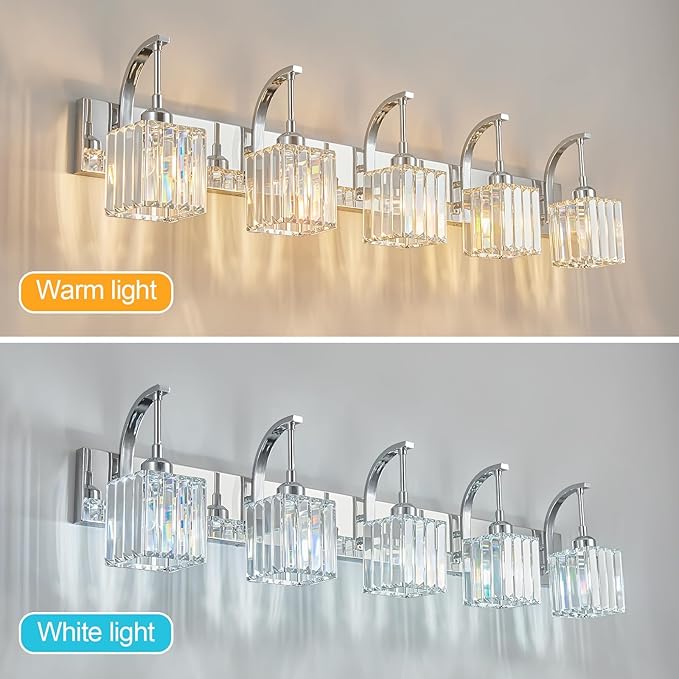 Crystal Vanity Lights 5-Light Chrome Bathroom Vanity Lights Modern Crystal - Image 3