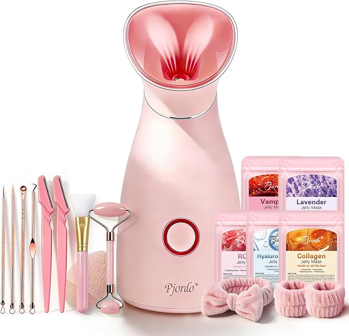Pjordo Facial Steamer Spa Kit, 12 Skin Care Tools & 5 Jelly Mask Powder by Pjordo