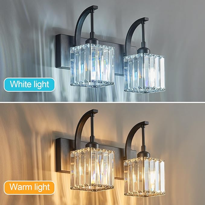 Crystal Vanity Lights 2-Light Black Wall Lamp Modern Crystal Bathroom Light - Image 2