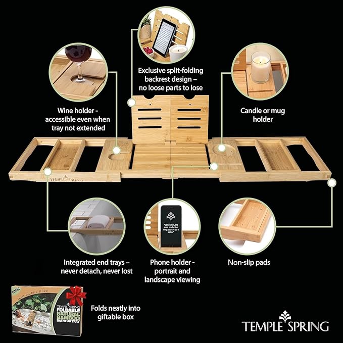 Temple Spring Foldable Bamboo Bathtub Tray Caddy - Image 5