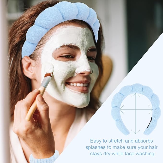 6Pcs Blue Spa Set, Skincare Wrist Washbands, Terry Cloth Headbands - Image 3