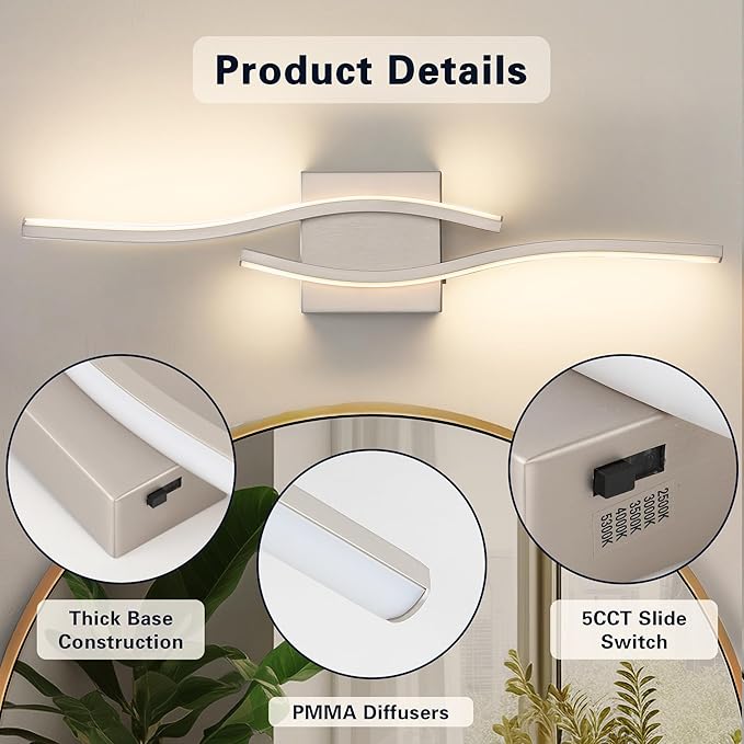 Joossnwell Brushed Nickel Bathroom Vanity Lights Fixtures Over Mirror 5CCT - Image 8