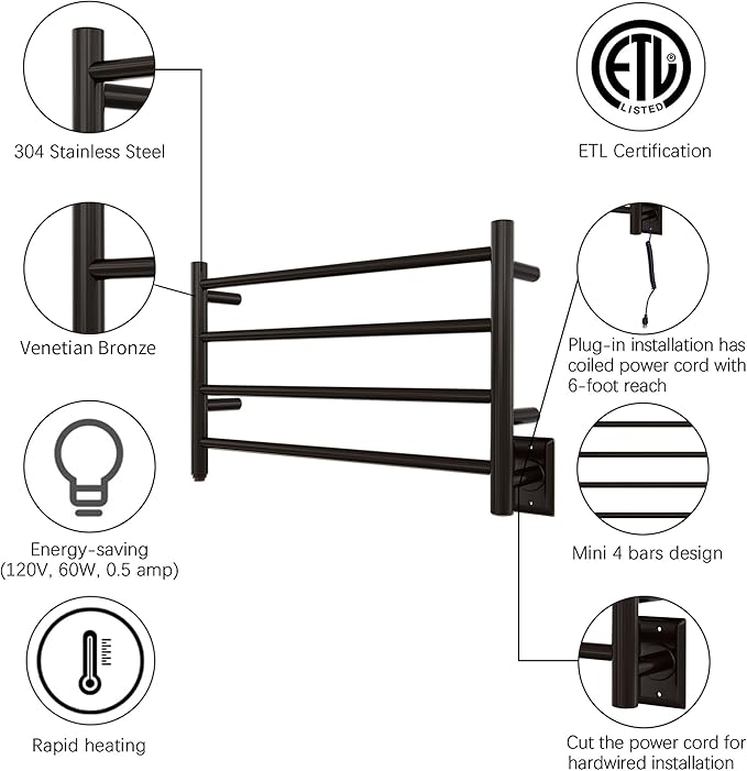 HEATGENE Towel Warmer 4 Bar Towel Dryer Wall-Mounted Plug-in Bath Towel Heater - Image 3