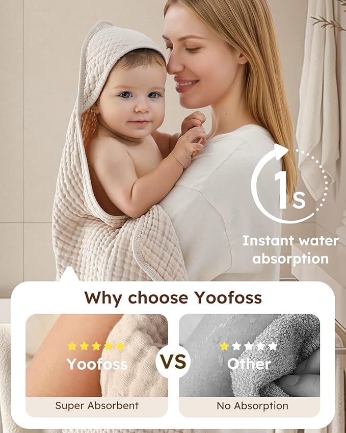 Yoofoss Hooded Baby Towels for Newborn 2 Pack 100% Muslin Organic Cotton Baby - Image 2