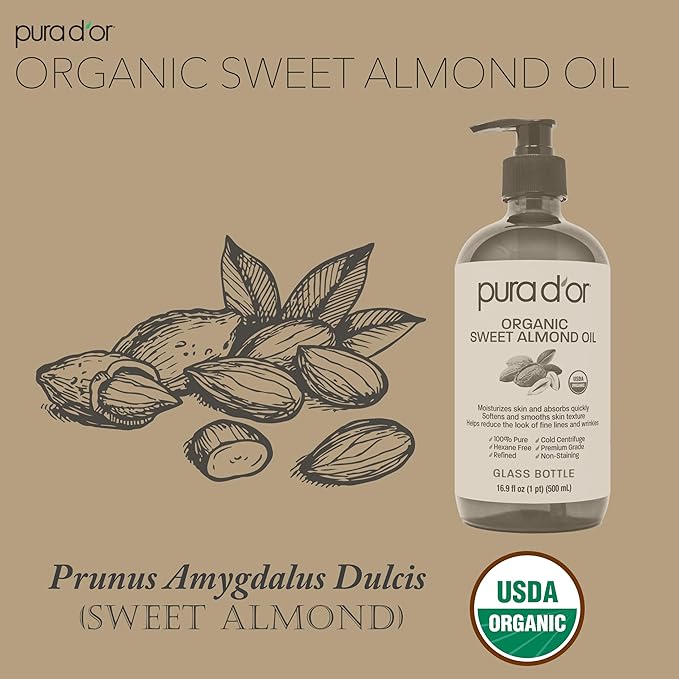 PURA D'OR ORGANIC Sweet Almond Oil 100% Pure & Natural USDA Certified Cold - Image 5