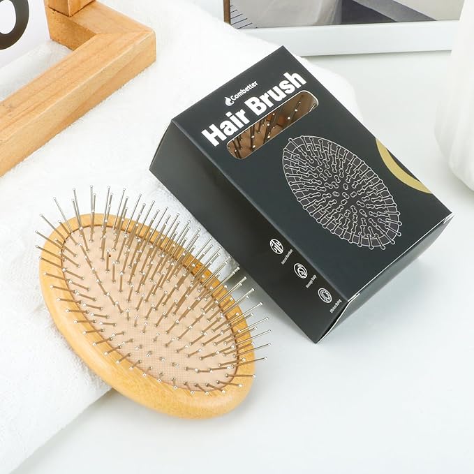Metal Hair Brush for Scalp Massage & Hair Growth, Natural Bamboo Mental Brush - Image 8