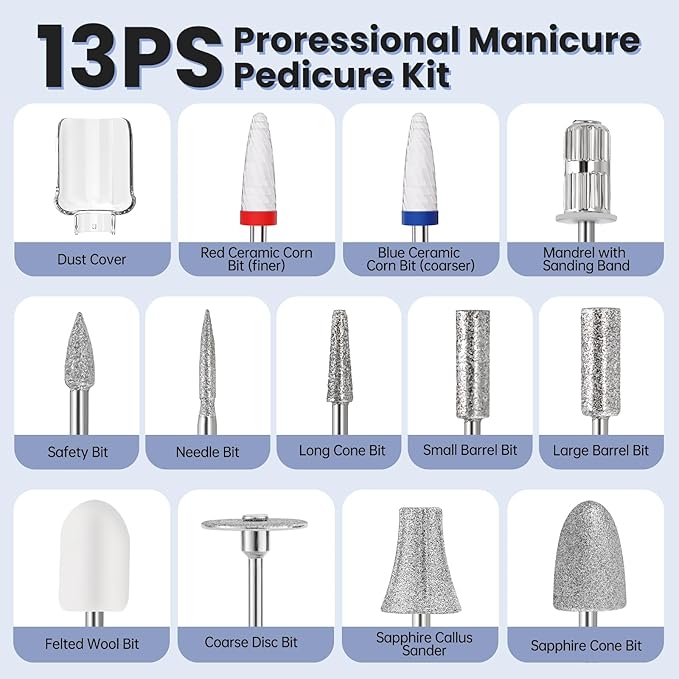 Electric Nail Drill, Cordless 2000 mAh Rechargeable Portable Nail File 12 in 1 - Image 5