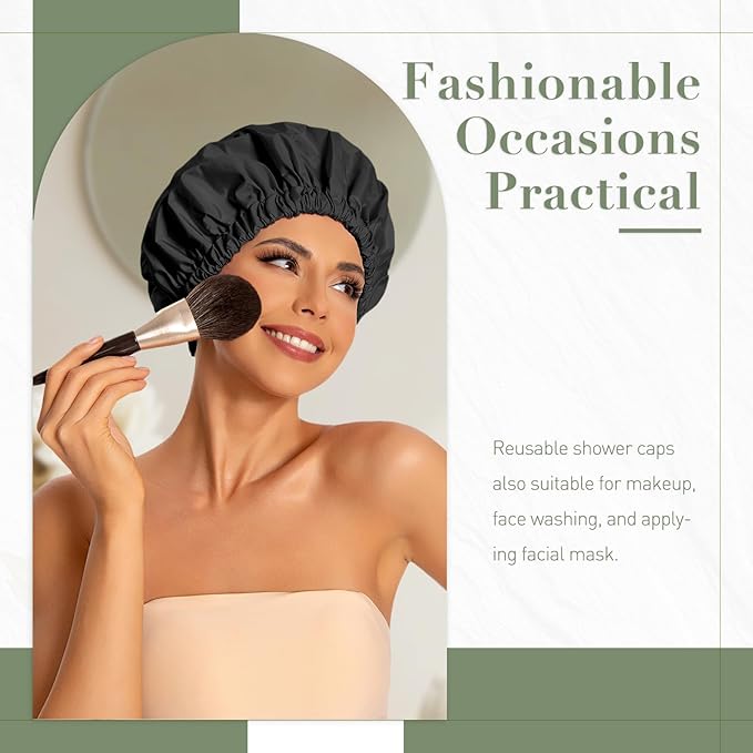 Reusable Shower Cap for Women, Large Waterproof Shower Bonnet Washable Elastic - Image 2