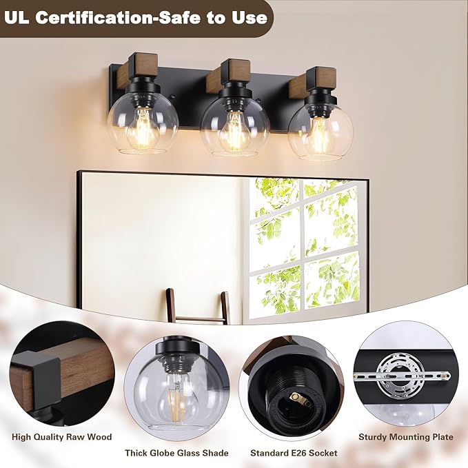 Farmhouse Bathroom Light Fixtures, 3-Light Rustic Wood Bathroom Lights Over - Image 3