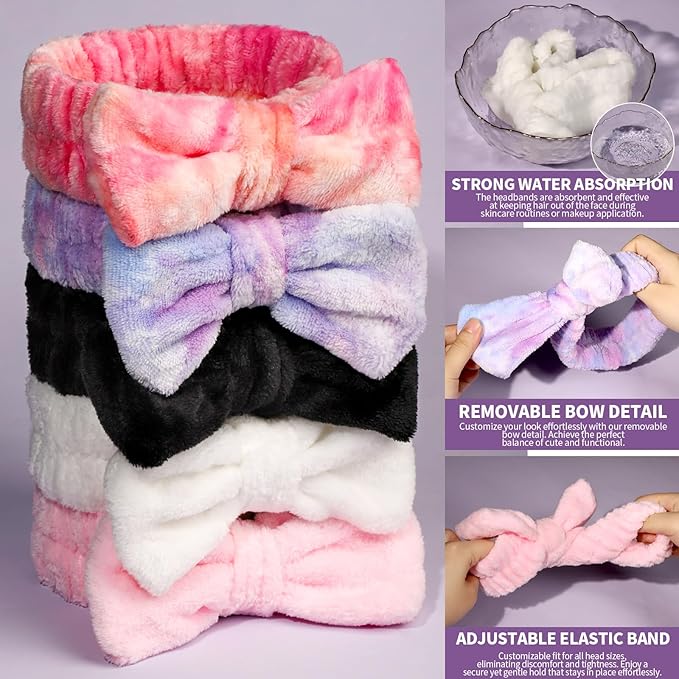 Teenitor Spa headband, Makeup Headband Set, Soft Fuzzy Bow Hair Bands - Image 2