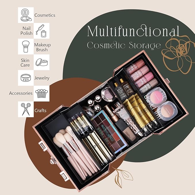 FRENESSA Makeup Train Case Cosmetic Box Portable Makeup Case Organizer 4 Trays - Image 3