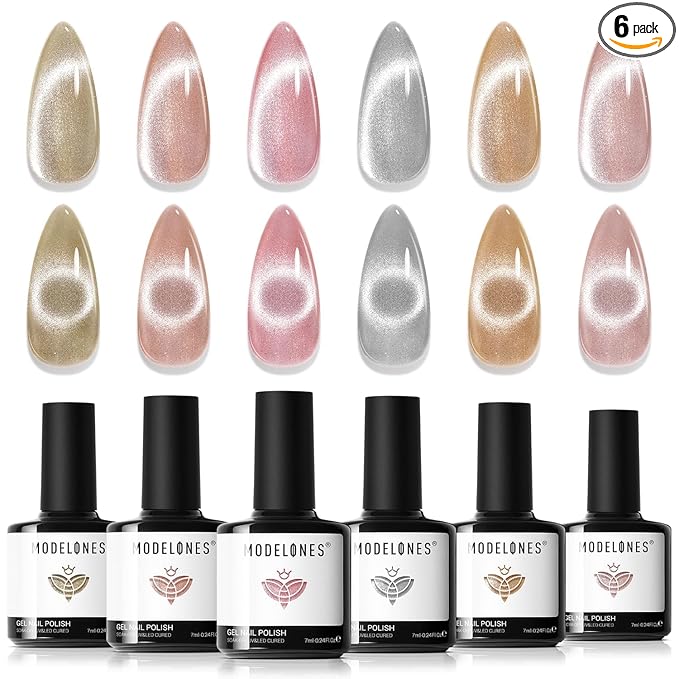 modelones Cat Eye Gel Nail Polish Set, Holographic Glitter 6 Colors by MODELONES