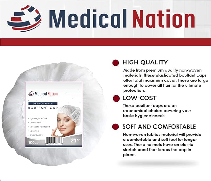 Medical Nation 21" Disposable Bouffant Caps | Pack of 100, Non-Pleated Head - Image 8