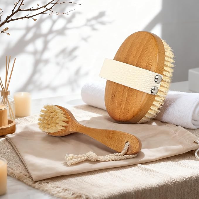 eaxun Bamboo Dry Brushing Body Brush Set, Natural Exfoliating Boar Bristle Face - Image 8