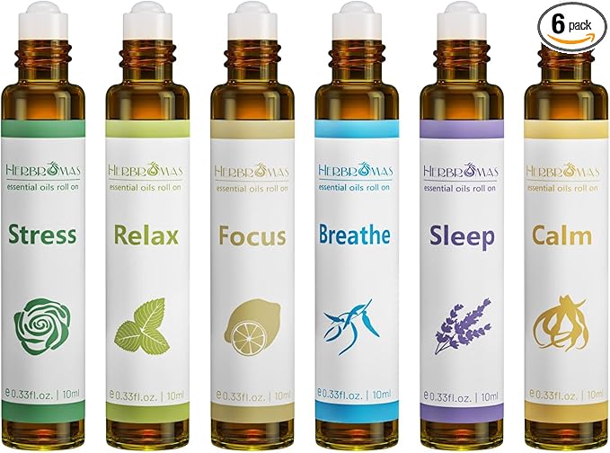 Aromatherapy Essential Oils Roll On Set, Natural Pre-diluted Blend Oils by HERBROMAS