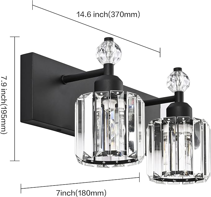 PRESDE 2-Light Crystal Bathroom Lights Fixtures Modern Matte Black Wall - Image 4
