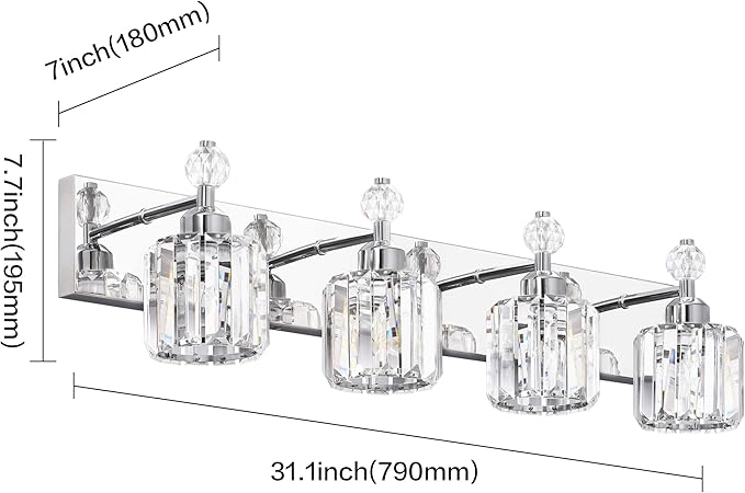 PRESDE 4-Light Crystal Bathroom Lights Fixtures Chrom Modern Wall Lighting Over - Image 4
