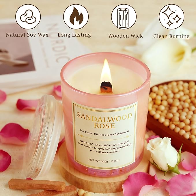 Scented Candles for Home, 2 Pack Wood Wick Sandalwood Rose Scented Candle - Image 3