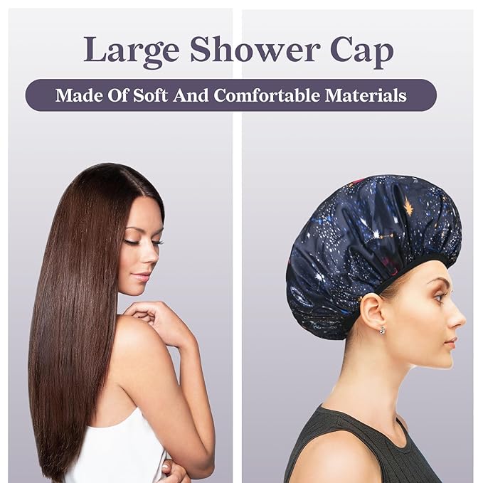 Navy Astral Print Satin Shower Cap, Three-Layer Terry Cloth Lined, - Image 7