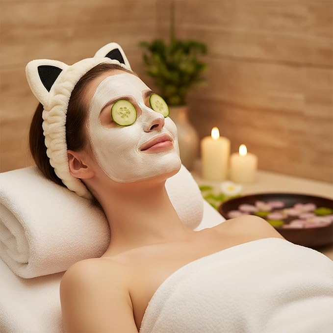 Cat Ears Headband, Cute Spa Headband and Wristband Set Washing Face Skincare - Image 5