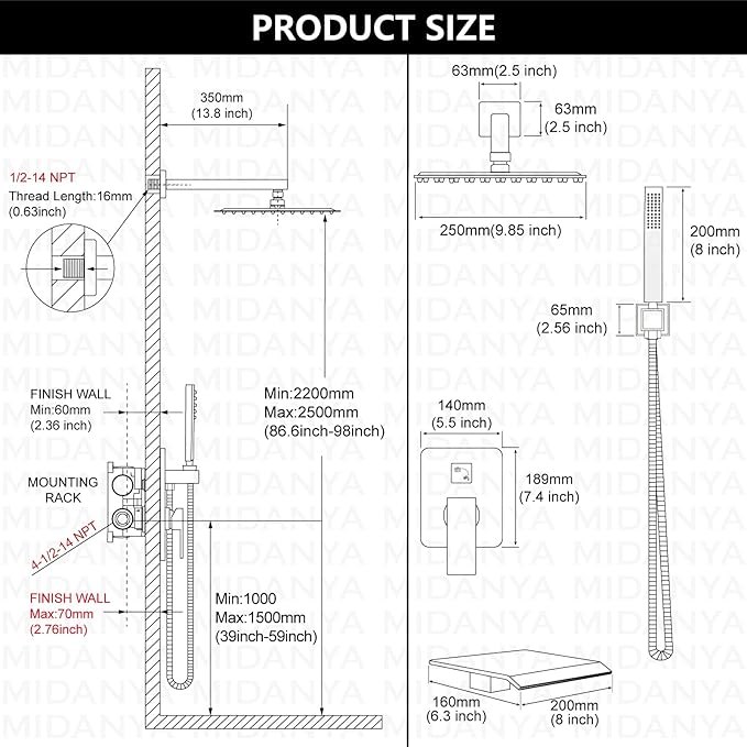 Midanya Shower System with Tub Spout, Bathtub Shower Faucet Set with Square - Image 6