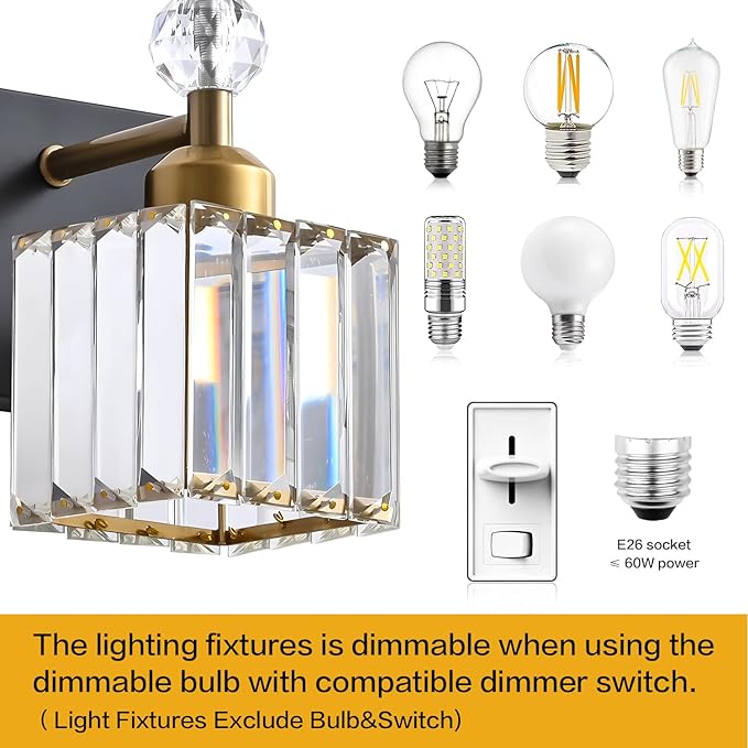 PRESDE 6-Light Crystal Bathroom Lights Fixtures Modern Black and Gold Wall Lamp - Image 6