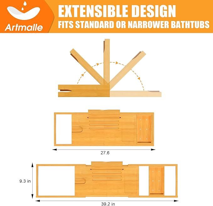 Artmalle Foldable Bathtub Tray for Tub, Bamboo Bathtub Caddy Tray Table - Image 5