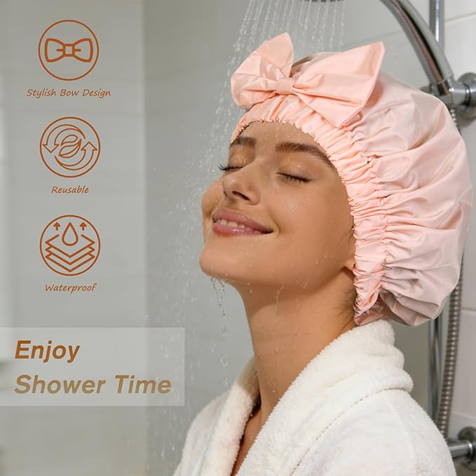 Shower Cap for Women, Cute Bow Waterproof Reusable Bath Cap, Non-Slip Anti - Image 2