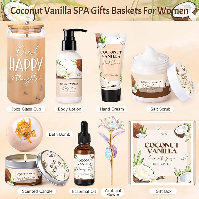 Mothers Day Gifts for Mom, Spa Gift Baskets for Women, Vanilla Coconut Bath and - Image 2