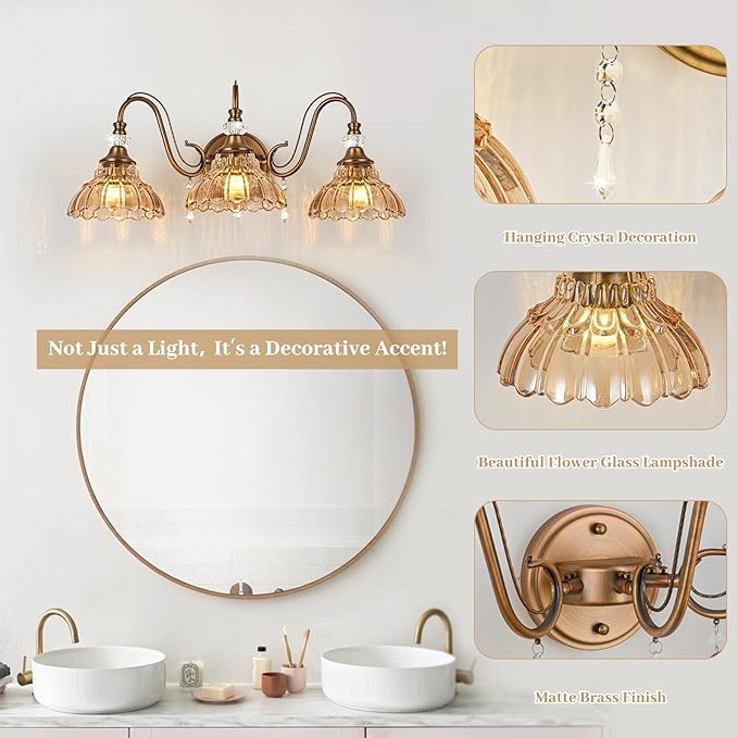 Vintage Bathroom Vanity Light, 3-Light Matte Antique Brass Finish Wall Sconce - Image 4