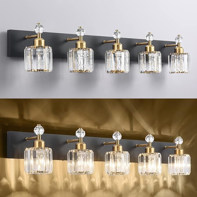 PRESDE 5-Light Crystal Bathroom Vanity Light, Modern Black and Gold Wall Sconce - Image 6