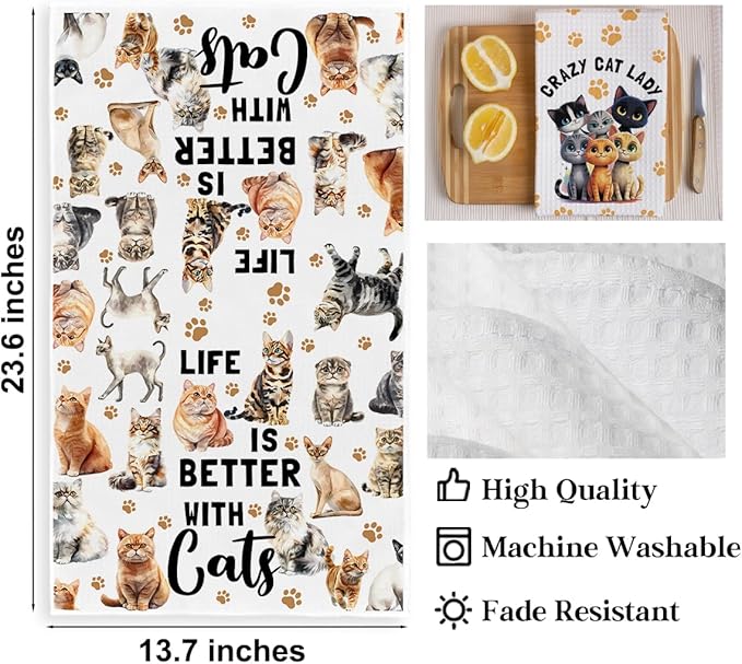 2PCS Cute Cat Kitchen Towels, Cat Themed Gifts Reusable Absorbent Waffle Weave - Image 2