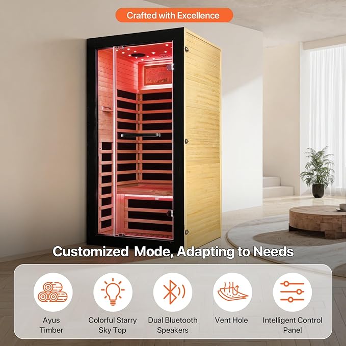 OUTEXER One Person Sauna Far Infrared Saunas Room Obeche Wood 1350W Dry Saunas - Image 5