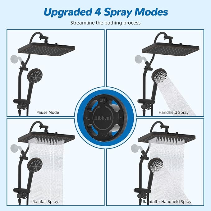 Hibbent cUPC Certified 13'' Shower Head Combo, High Pressure 5 Spray Rainfall - Image 4