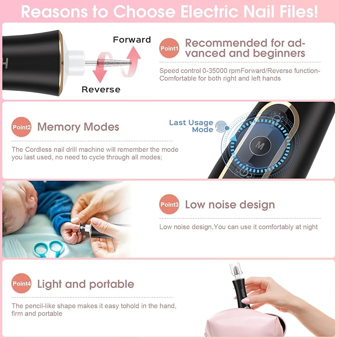 Electric Nail Drill, Professional Manicure Pedicure Kit, Cordless Electric Nail - Image 8