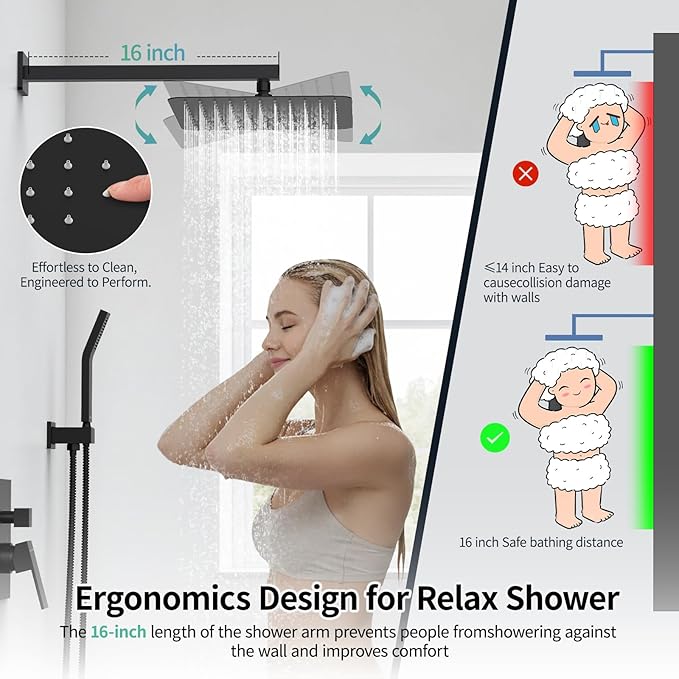 SR SUN RISE Black Square Rainfall Shower Head and Handle Set, Wall Mounted - Image 5