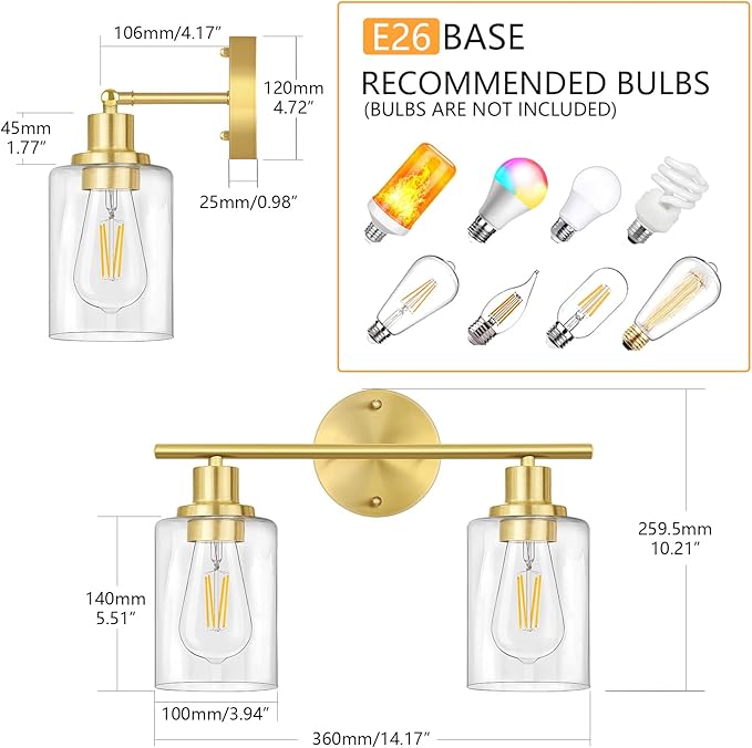 FOLKSMATE Bathroom Light Fixtures, 2-Light Brushed Brass Vanity Light, Modern - Image 6