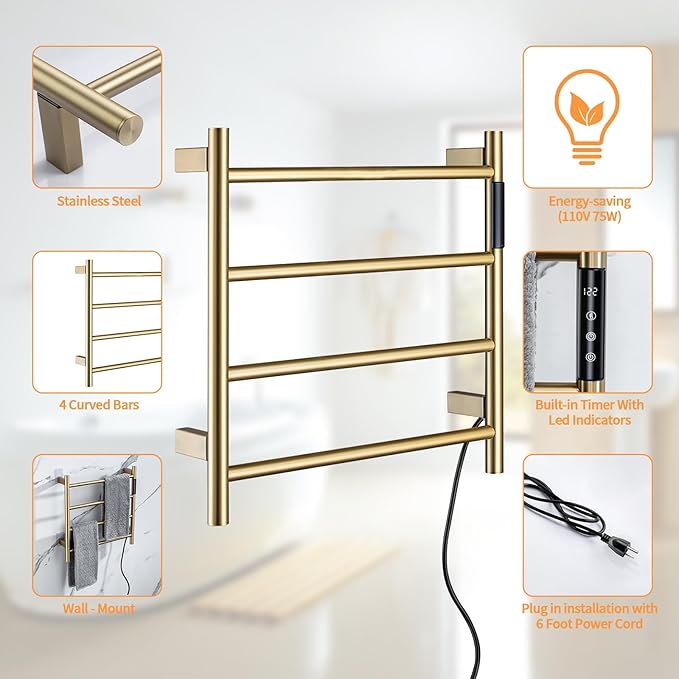 Heated Towel Rack, 4 Bar Wall Mounted Towel Warmer - Image 5