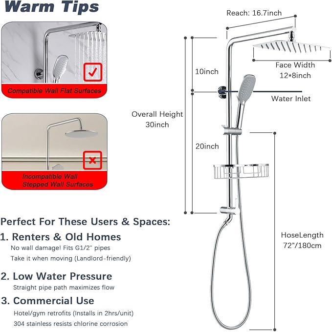 Rain Shower System with 304Stainless Steel Shelf, 12 Inch Rainfall Shower Head - Image 9