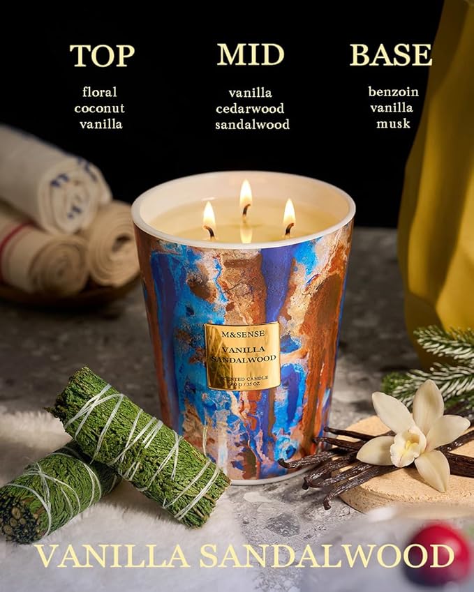 M&SENSE Large Soy Vanilla Sandalwood Scented Candle, 35oz 150 Hours 3-Wick - Image 3